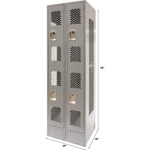 Vented Lockers, 2 -tier, Bank of 2, 24" x 18" x 78", Steel, Grey, Knocked Down, Perforated Ontario Packaging