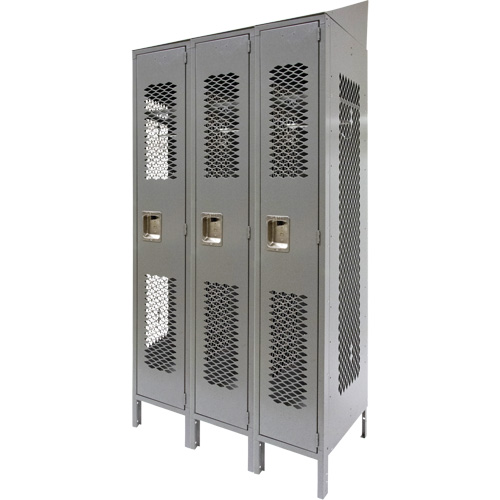 Vented Lockers, Bank of 3, 36 x 18" x 88", Steel, Grey, Knocked Down, Perforated Ontario Packaging