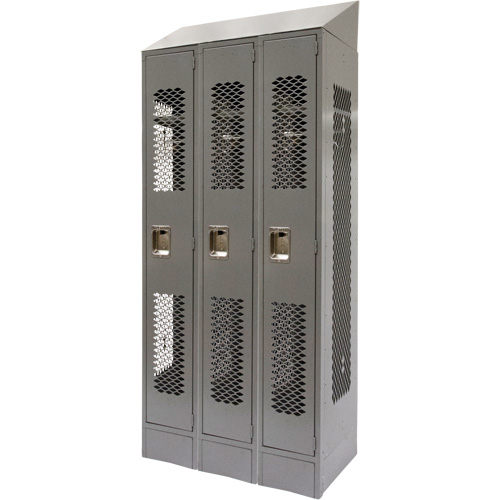Vented Lockers, Bank of 3, 36 x 18" x 88", Steel, Grey, Knocked Down, Perforated Ontario Packaging