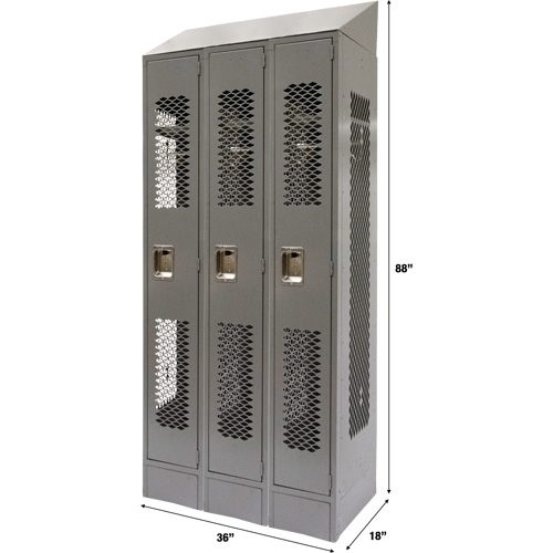 Vented Lockers, Bank of 3, 36 x 18" x 88", Steel, Grey, Knocked Down, Perforated Ontario Packaging