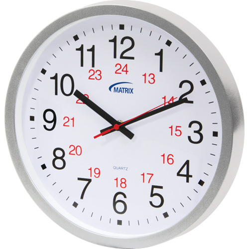 12/24 H Clock, Analog, Battery Operated, 12", Silver Ontario Packaging