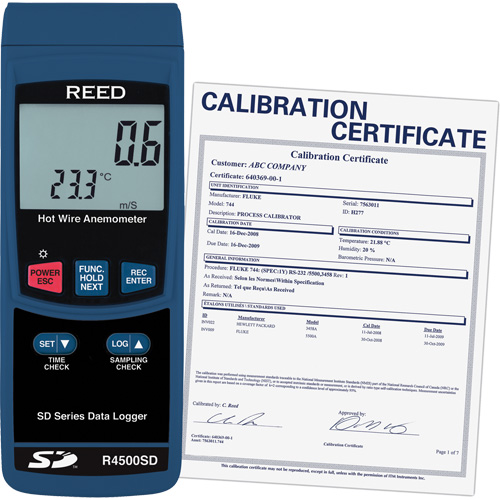 Thermo-an&eacute;mom&egrave;tres &agrave; fil chaud avec enregistrement de donn&eacute;es et certificat de calibration, Enregistrement des donn&eacute;es, Gamme de v&eacute;locit&eacute; d'air de 0,2 - 25 m/sec Ontario Packaging