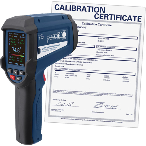 Professional Infrared Thermometer with Integrated Type K Thermocouple & Calibration Certificate, -58 - 3362°F (-50 - 1850°C), 55:1, Adjustable Emmissivity Ontario Packaging