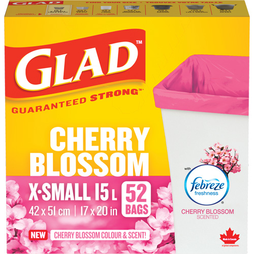 Glad&reg; Cherry Blossom Coloured & Scented Bags, Strong, 17" W x 20" L, Pink, 15 L (3.96 Gal.) Capacity Ontario Packaging