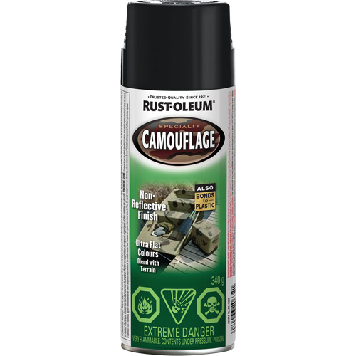 Specialty Camouflage Paint, Aerosol Can, Black Ontario Packaging