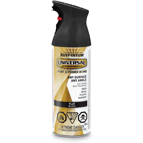Universal&reg; Enamel Paint & Primer In One, Black, Very Flat, Aerosol Can Ontario Packaging