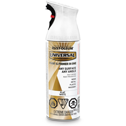 Universal&reg; Enamel Paint & Primer In One, White, Very Flat, Aerosol Can Ontario Packaging