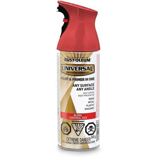 Peinture-&eacute;mail et couche de fond Universal, Rouge cardinal, Brillant, Canette a&eacute;rosol Ontario Packaging