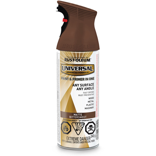 Universal&reg; Enamel Paint & Primer In One, Bittersweet Brown, Matte, Aerosol Can Ontario Packaging