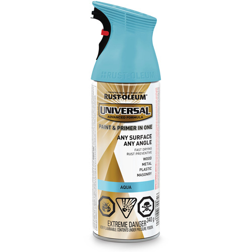 Universal&reg; Enamel Paint & Primer In One, Aqua Blue, Satin, Aerosol Can Ontario Packaging