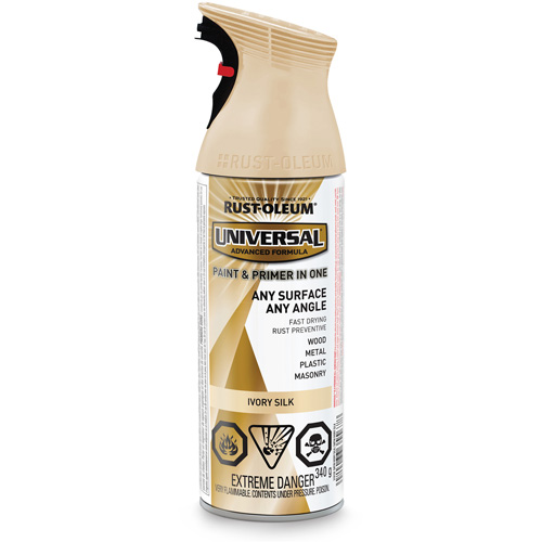 Universal&reg; Enamel Paint & Primer In One, Ivory Silk White, Satin, Aerosol Can Ontario Packaging