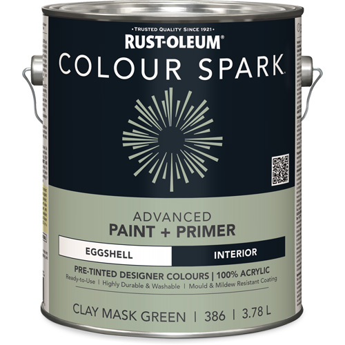 Peinture int&eacute;rieure pr&eacute;teint&eacute;e + appr&ecirc;t mural Colour Spark, Vert masque en argile, Satin&eacute;, 3,78 L, Gallon Ontario Packaging