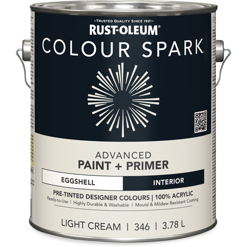 Colour Spark Interior Pre-Tinted Paint + Primer Wall Paint, White Cotton, Semi-Gloss, 3.78 L, Gallon Ontario Packaging