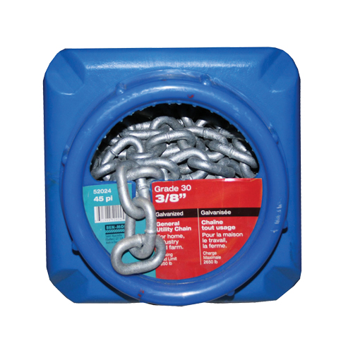 Hot-Dipped Galvanized Chains, Carbon Steel, 3/8" x 45' (13.7 m) L, Grade 30, 2650 lbs. (1.325 tons) Load Capacity Ontario Packaging