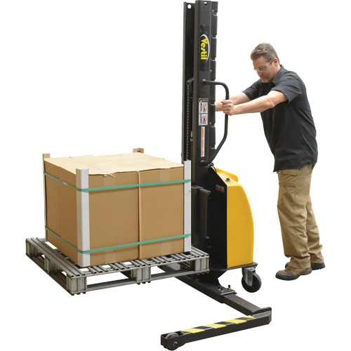 Narrow Mast Powered Lift Stacker, Electric Operated, 1000 lbs. Capacity, 63" Max Lift Ontario Packaging