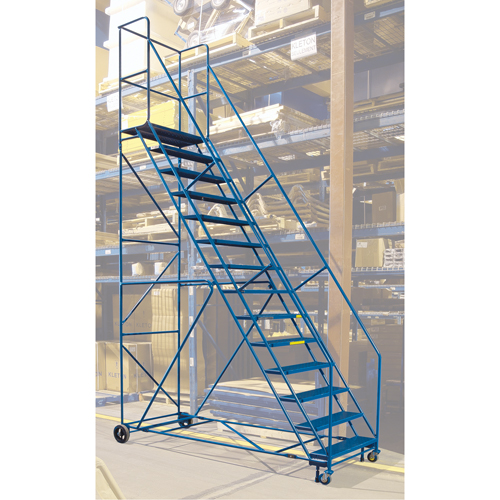 CSA-Certified Rolling Step Ladder with Locking Step, 14 Steps, 30" Step Width, 128" Platform Height, Steel Ontario Packaging