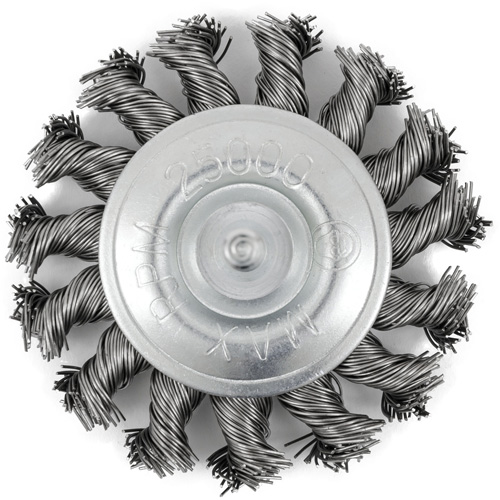 Shaft Mounted Knot Twisted Radial Brush, 3" Dia., 0.02" Fill, 1/4" Arbor, Stainless Steel Ontario Packaging