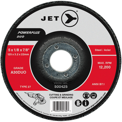 POWERPLUS DUO Cutting/Grinding Wheel, 5" x 1/8", 7/8" Arbor, Type 27, A30DUO Grit Ontario Packaging