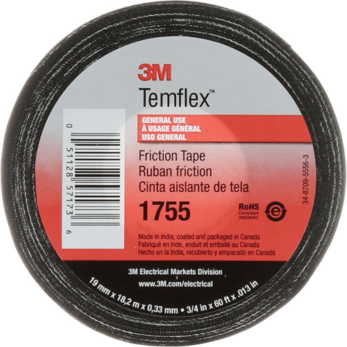 Temflex Cotton Friction Tape 1755, 19 mm (3/4") x 18.28 m (60'), Black Ontario Packaging