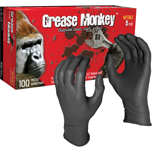 Gants jetables Grease Monkey, Grand, Nitrile, 5 mils, Sans poudre, Noir Ontario Packaging