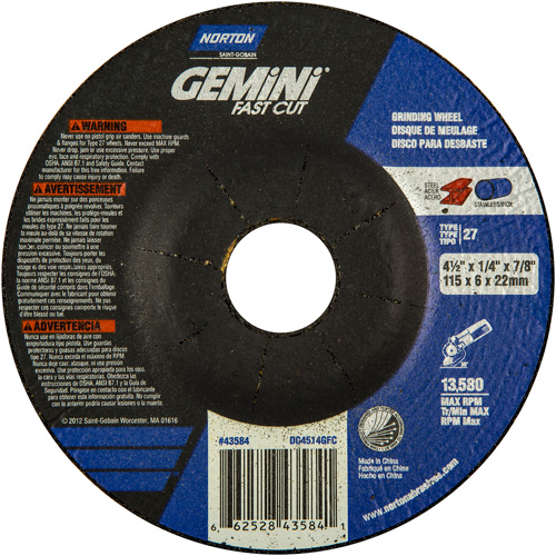 Grinding Wheel, 4-1/2" x 1/4", 7/8" Arbor, Aluminum Oxide, Type 27 Ontario Packaging