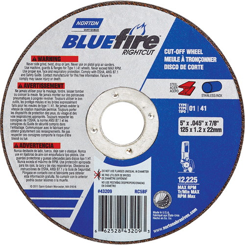 BlueFire&reg; Cut-off Wheel, 4-1/2" x 0.045"/1/16", 7/8" Arbor, Type 01/41, Aluminum Oxide/Zirconium, 13580 RPM Ontario Packaging