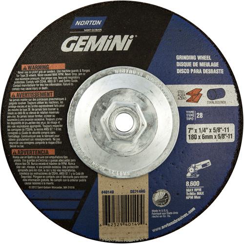 Gemini&reg; Saucer Wheel, 7" x 1/4", 5/8"-11 Arbor, Aluminum Oxide, Type 28 Ontario Packaging
