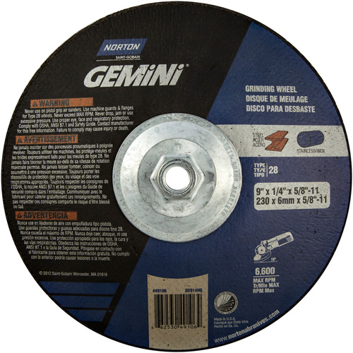 Gemini&reg; Saucer Wheel, 9" x 1/4", 5/8"-11 Arbor, Aluminum Oxide, Type 28 Ontario Packaging