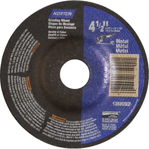 Depressed Centre Metal Grinding Wheels, 4-1/2" x 1/4", 7/8" Arbor, Aluminum Oxide, Type 27 Ontario Packaging