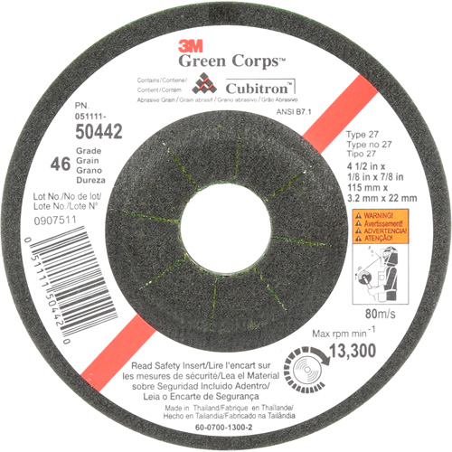 Meule flexible Green Corps, 4-1/2" x 1/8", Arbre 7/8", C&eacute;ramique, Type 27 Ontario Packaging