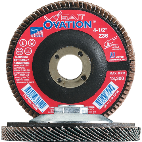Ovation Flap Disc, 4-1/2" x 7/8", Type 27, 36 Grit, Zirconium Ontario Packaging