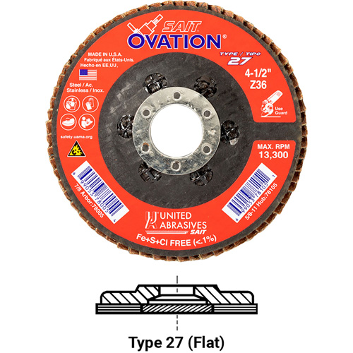 Ovation Flap Disc, 5" x 7/8", Type 27, 36 Grit, Zirconium Ontario Packaging