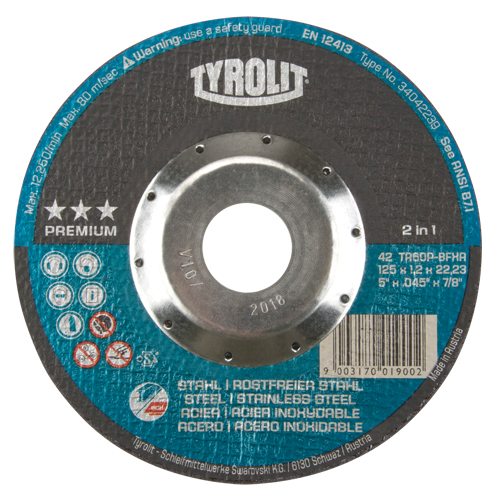 Premium 2 in 1 Thincut Cut-Off Wheel, 5" x 0.045", 7/8" Arbor, Type 27, Aluminum Oxide, 12250 RPM Ontario Packaging