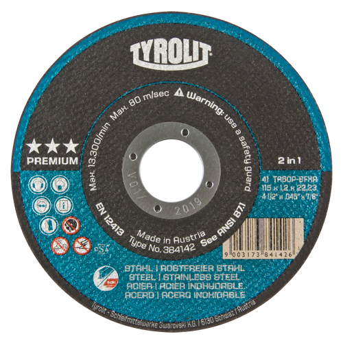 Premium 2 In 1 Thincut Cut-Off Wheel, 4-1/2" x 0.045", 7/8" Arbor, Type 1, Aluminum Oxide, 13300 RPM Ontario Packaging