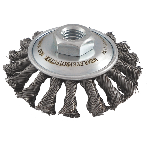 Knotted Wire Wheel Saucer Brushes, 5" Dia., 0.02" Fill, 5/8"-11 Arbor, Steel Ontario Packaging