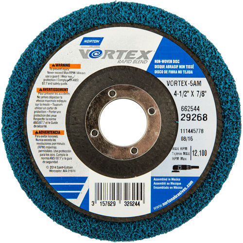 Vortex Non-Woven Disc, 4-1/2" Dia. x 1/2" W, 7/8" Arbor, Aluminum Oxide Ontario Packaging