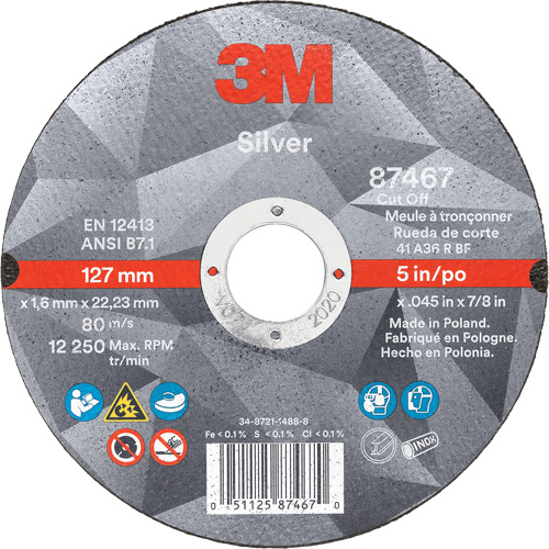 Meule &agrave; tronçonner Silver, 5" x 0,045", Arbre de 7/8", Type 1, C&eacute;ramique, 12250 Tr/min Ontario Packaging