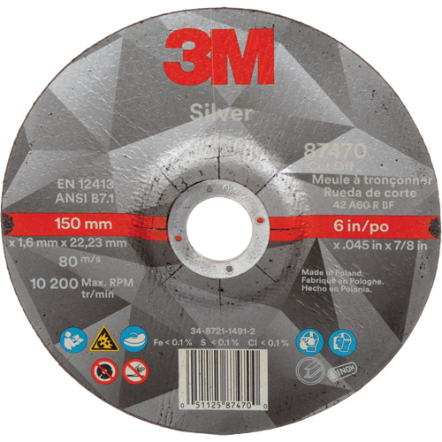 Silver Cut-Off Wheel, 6" x 0.045", 7/8" Arbor, Type 27, Ceramic, 10200 RPM Ontario Packaging