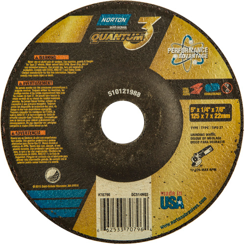 Quantum3 Grinding Wheel, 5" x 1/4", 7/8" Arbor, Ceramic, Type 27 Ontario Packaging