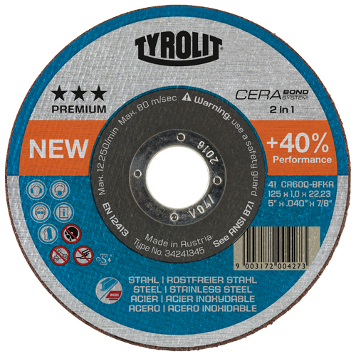 Cerabond Cutting Disc, 5" x 0.045", 7/8" Arbor, Type 1, Ceramic, 12250 RPM Ontario Packaging