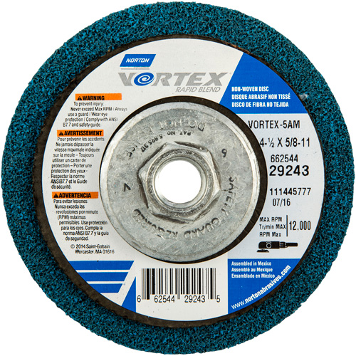 Meule abrasive non tiss&eacute;e &agrave; moyeu d&eacute;port&eacute; Vortez Rapid Blend, 4-1/2" dia., Grain 100-120, Oxyde d'aluminium Ontario Packaging