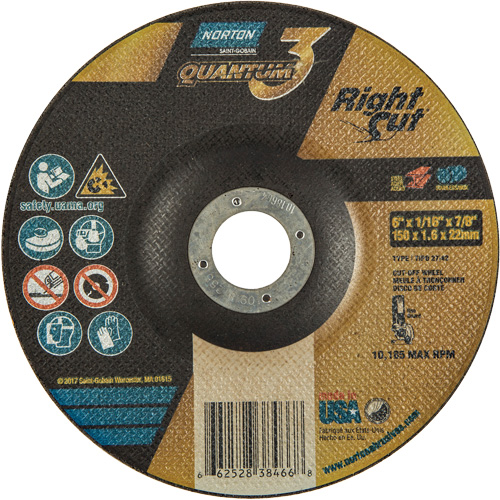 Quantum3 RightCut Cut-Off Wheel, 6" x 1/16", 7/8" Arbor, Type 27/42, Aluminum Oxide, 10185 RPM Ontario Packaging
