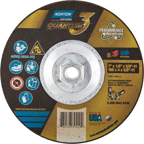 Quantum3 Grinding & Cutting Wheel, 7" x 1/8", 5/8"-11 Arbor, Type 27, 24 Grit, Ceramic Alumina Ontario Packaging