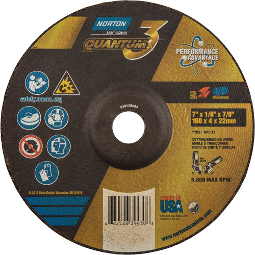 Disque de rectification et de tronçonnage Quantum3, 7" x 1/8", Arbre de 7/8", Type 27, Grain de 24, C&eacute;ramique d'alumine Ontario Packaging
