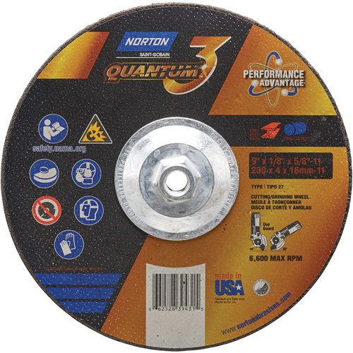 Quantum3 Grinding & Cutting Wheel, 9" x 1/8", 5/8"-11 Arbor, Type 27, 24 Grit, Ceramic Alumina Ontario Packaging