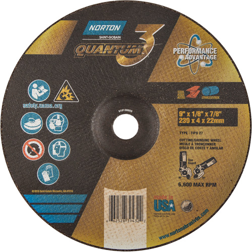 Disque de rectification et de tronçonnage Quantum3, 9" x 1/8", Arbre de 7/8", Type 27, Grain de 24, C&eacute;ramique d'alumine Ontario Packaging
