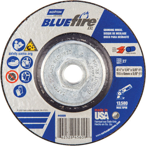 BlueFire&reg; XXL Grinding Wheel, 4-1/2" x 1/4", 5/8" Arbor, Ceramic Alumina, Type 27 Ontario Packaging