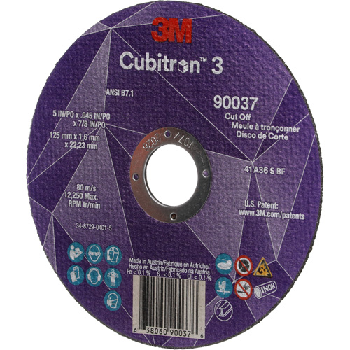 Cubitron 3 Cut-Off Wheel, 5" x 0.045", 7/8" Arbor, Type 1, Ceramic, 12250 RPM Ontario Packaging