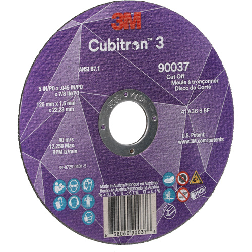 Cubitron 3 Cut-Off Wheel, 5" x 0.045", 7/8" Arbor, Type 1, Ceramic, 12250 RPM Ontario Packaging