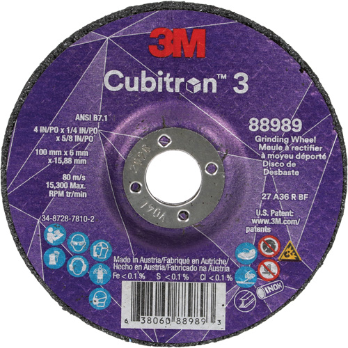Meule a moyeu d&eacute;port&eacute; Cubitron 3, 4" x 1/4", Arbre 5/8", C&eacute;ramique, Type T27 Ontario Packaging